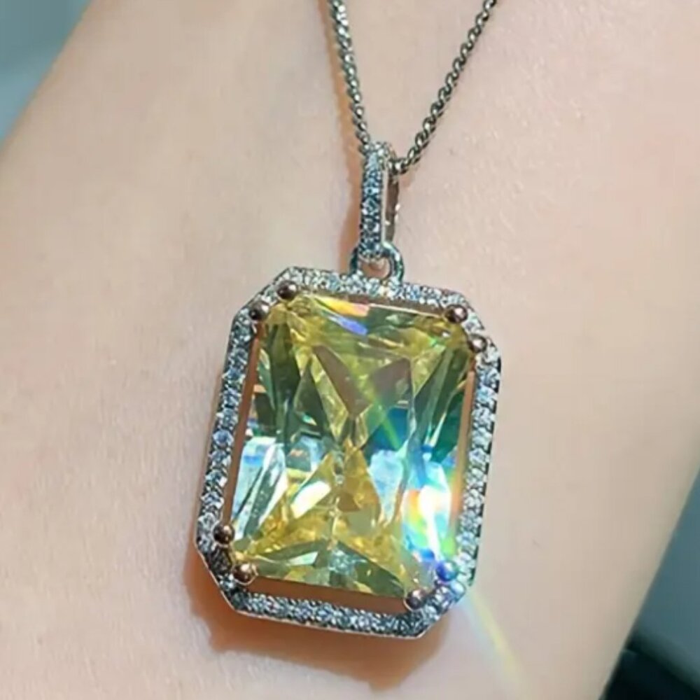 Elegant Rectangle Yellow & White Cubic Zirconia Pendant Statement Necklace